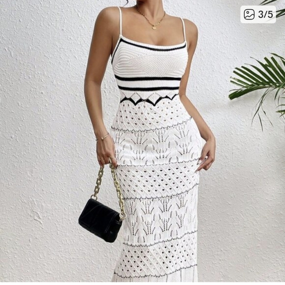 Elegant Cream And Black Crochet Dress - Picture 3 of 8
